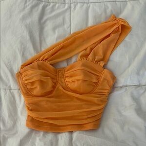 Women's Orange One-Shoulder Mesh Crop Top